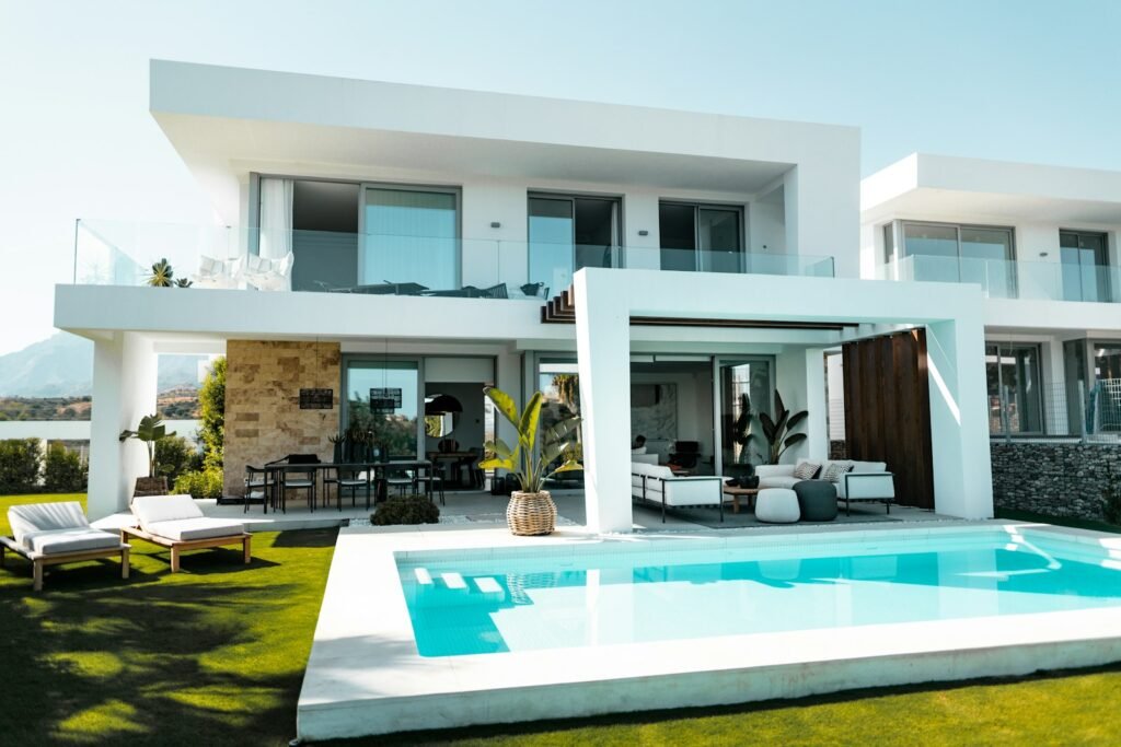 Relaxing backyard pool and lounge area at a modern Orange County home